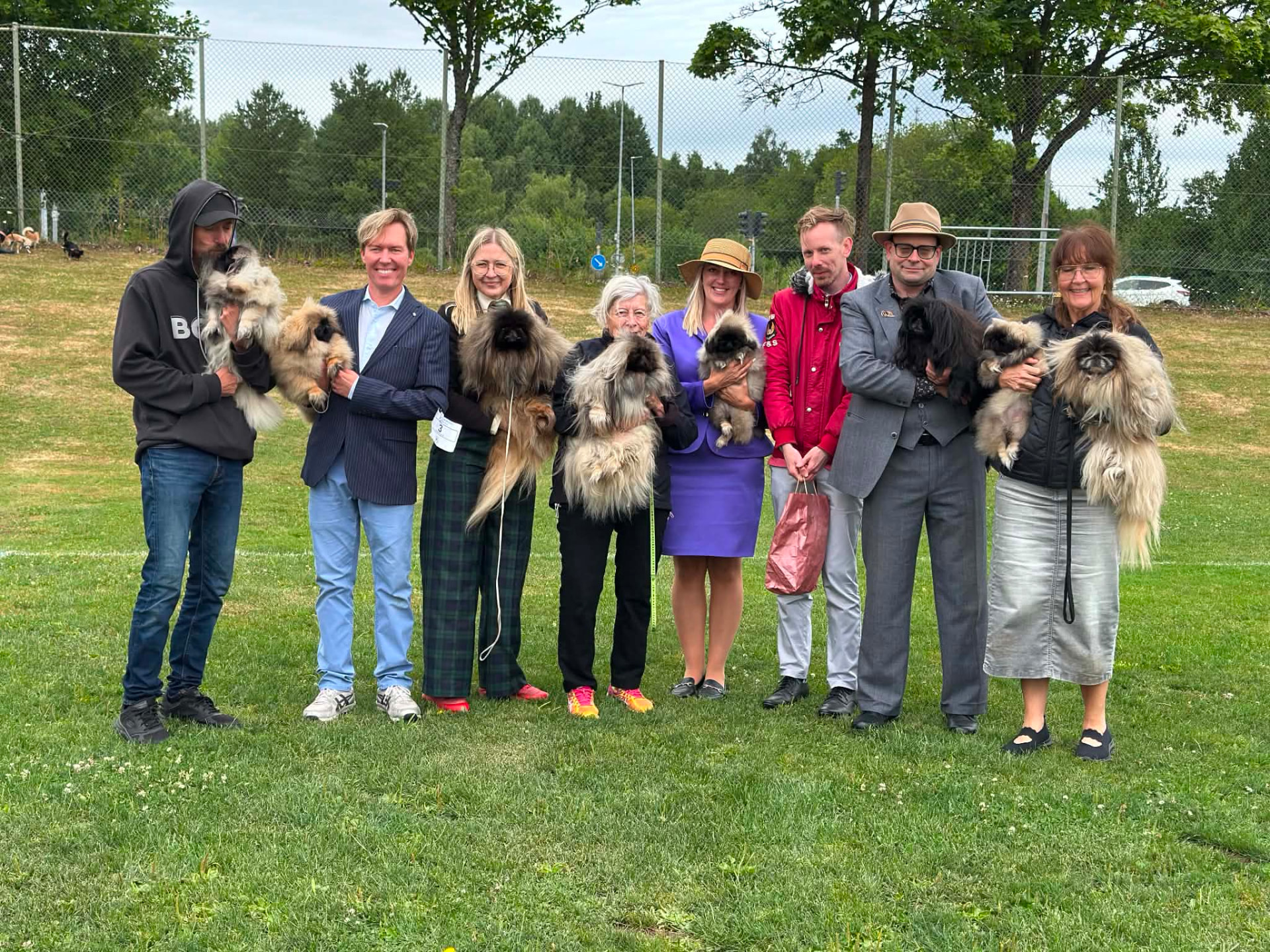 Gruppebilde med pekingesere og eiere på utstillingsplassen